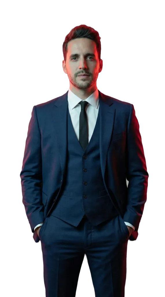 Iván Vázquez con traje azul y corbata